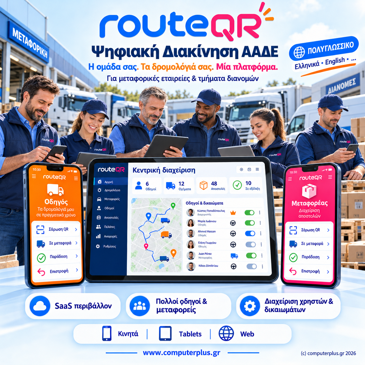 routeQR — Ψηφιακή Διακίνηση ΑΑΔΕ για μεταφορικές εταιρείες και τμήματα διανομών, πολυγλωσσικό, διαθέσιμο σε Κινητά, Tablets και Web